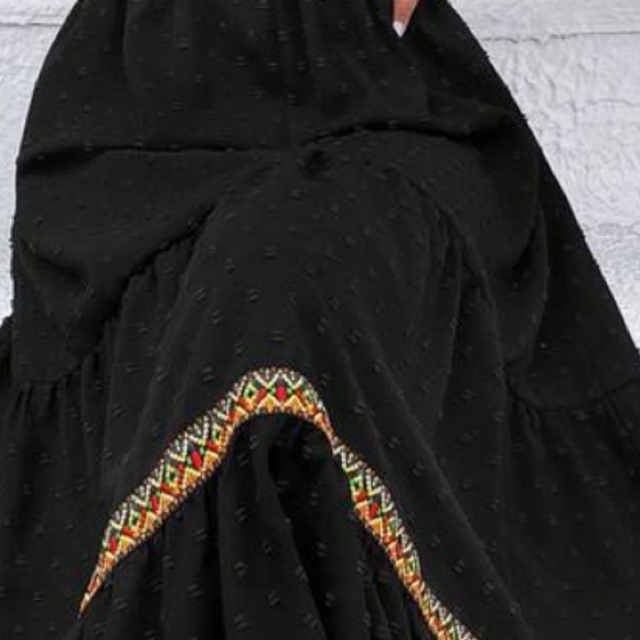 Boho Black Swiss Dot Plunge Neck Open Back Tie Backless Maxi Dress - Picture 7 of 7